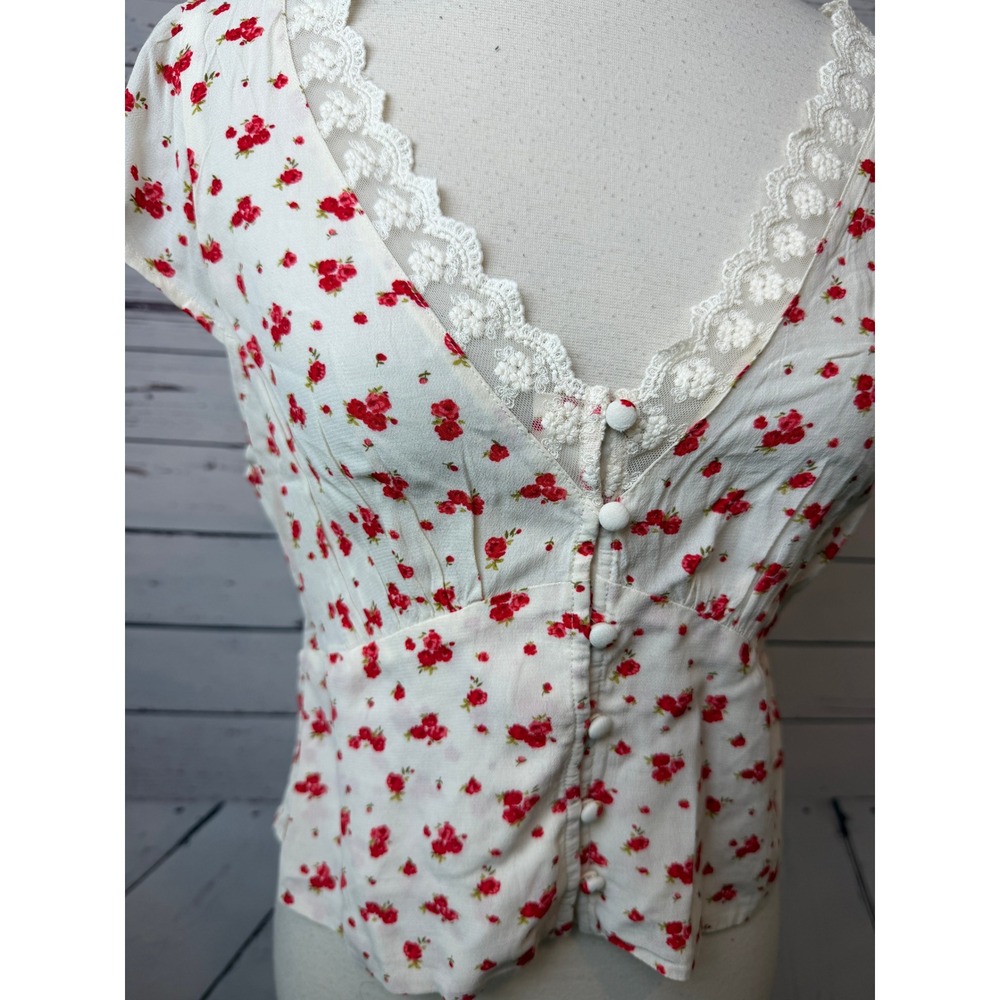 American Eagle Floral Blouse Medium Y2K 90s Cottage Lace NWT Top Coquette Shirt - Picture 4 of 12